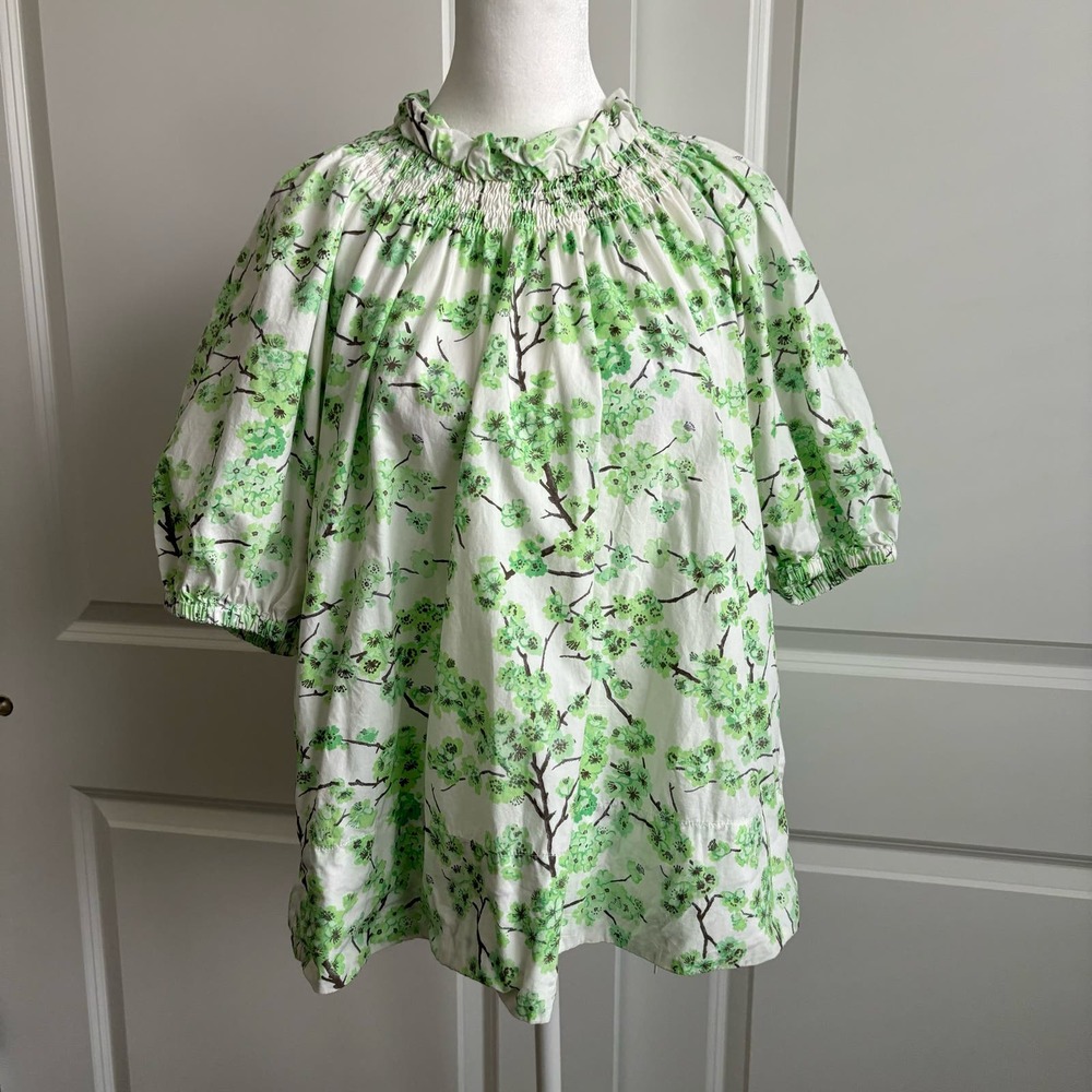 J Crew Smocked Neck Puff-Sleeve Top in Lime Cherry Blossoms Sz M